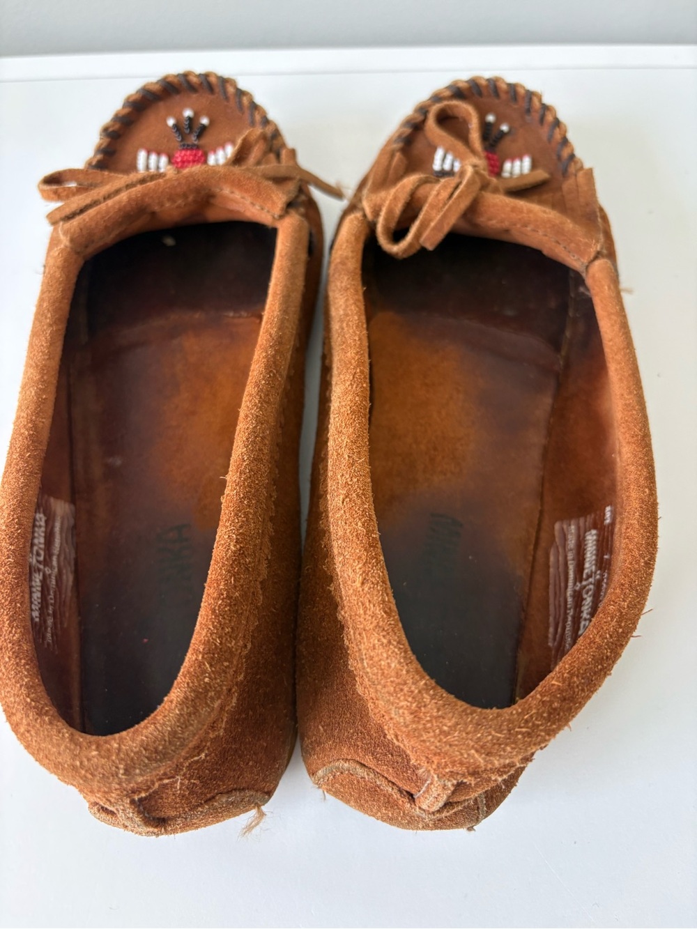 Minnetonka Thunderbird II Moccasins Brown Suede Beaded Leather Loafers Size 7 - Picture 7 of 13